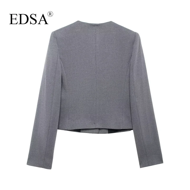 EDSA Women Casual Grey Blazer with Metal Button Single Breasted Flap Pockets Long Sleeves Solid Color Jacket Coat