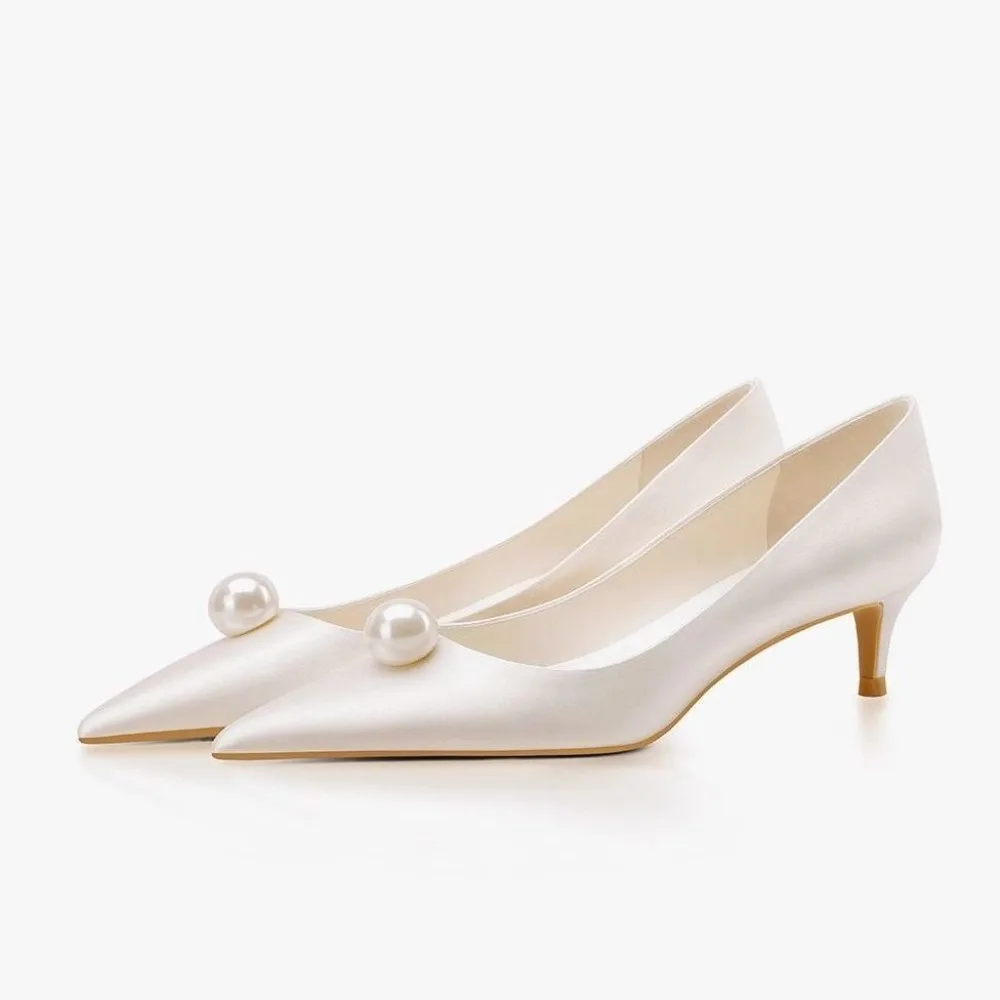New White Satin Wedding Bride Shoes Pearl High Heels French Bridesmaid Shoes Fashion Pumps