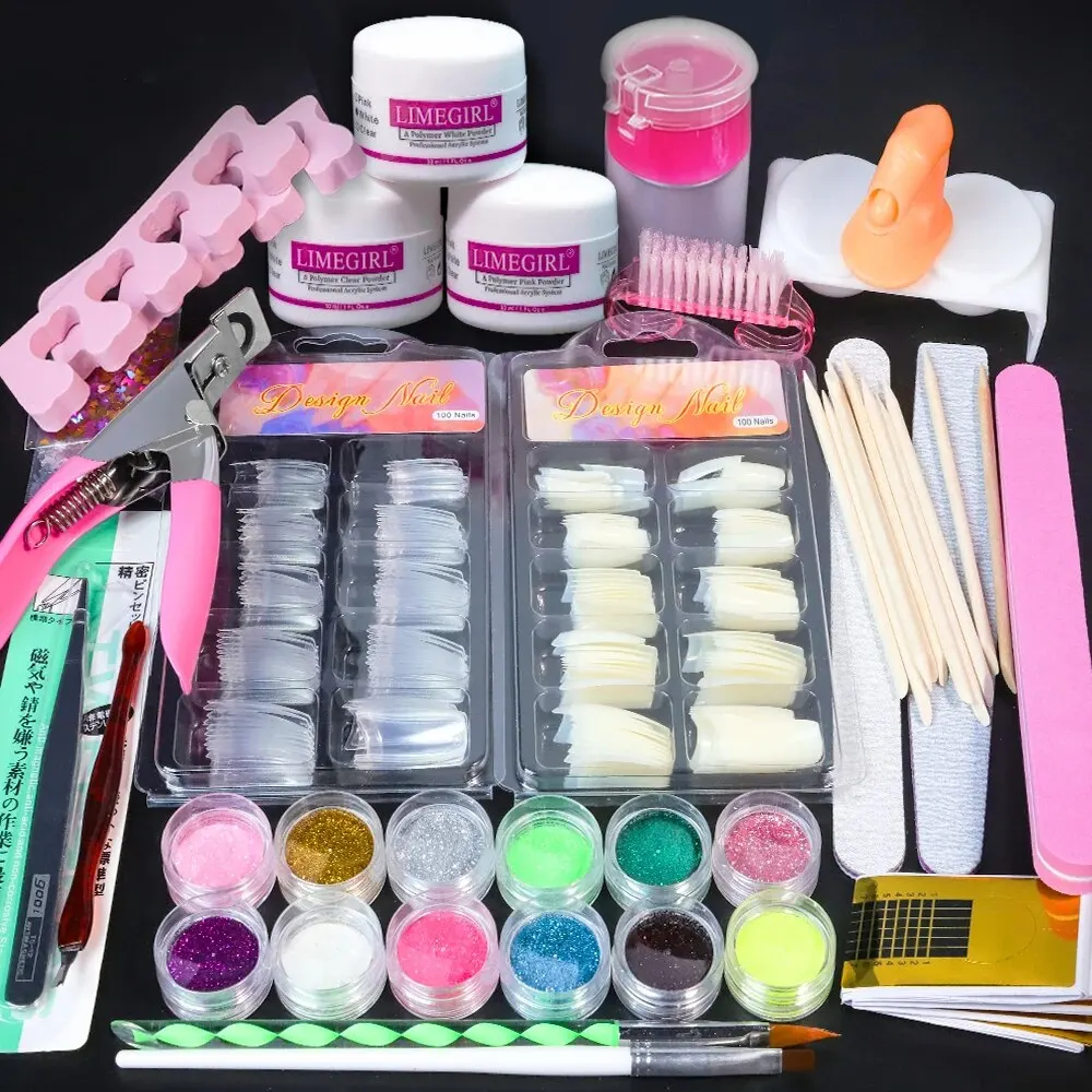 23 in 1 Acrylic Nail Kit for Beginners 12 Color Glitter Acrylic Powder White Clear Pink Acrylic Powder Nails Extension Professio