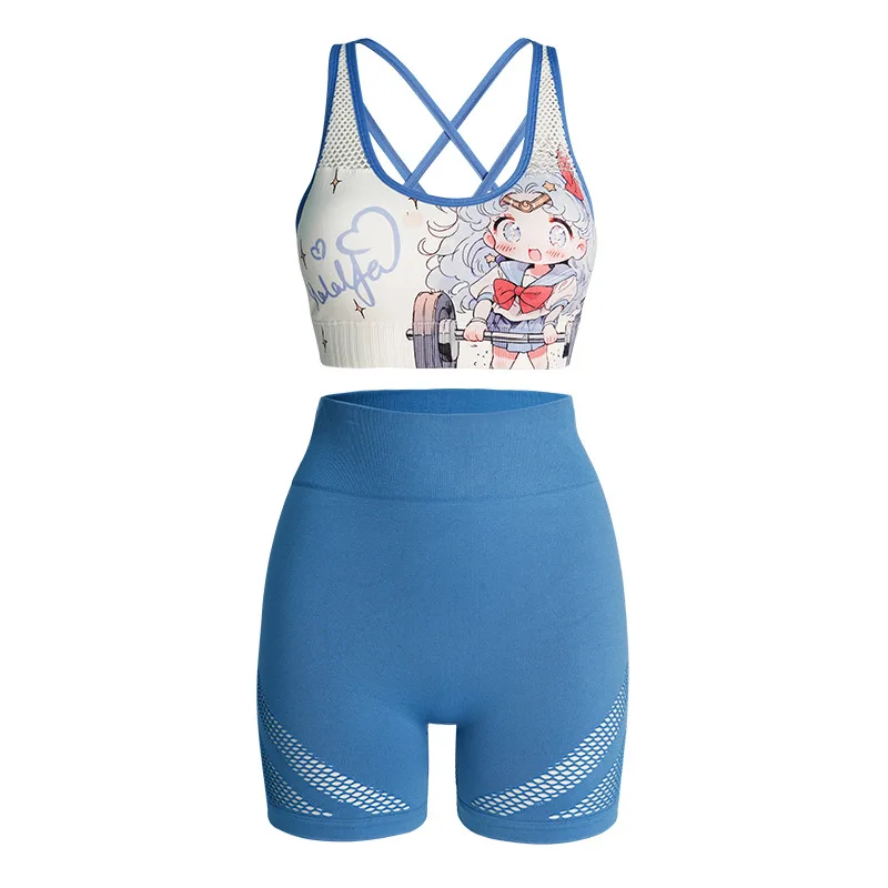 Ensemble de vêtements de sport bleu sans couture respirant, short de course à haute élasticité, soutien-gorge de fitness imprimé sexy au dos, vêtements d'entraînement