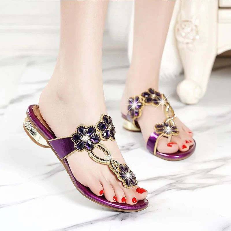 Bohemian Rhinestone Sandals for Women Summer High Heels Gladiator Sandals Woman Slip On Beach Slippers Flip Flops Shoes