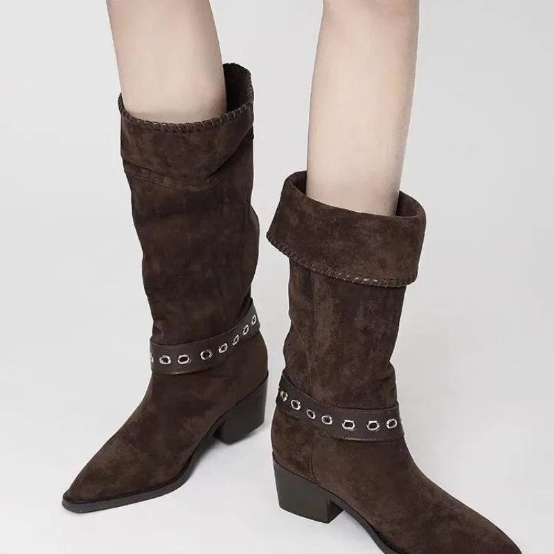 Botas de caballero de pierna larga, tacón de bloque, punta estrecha, botas de pila occidental de piel de vaca, nuevas botas de pierna media de moda 2025 para mujer