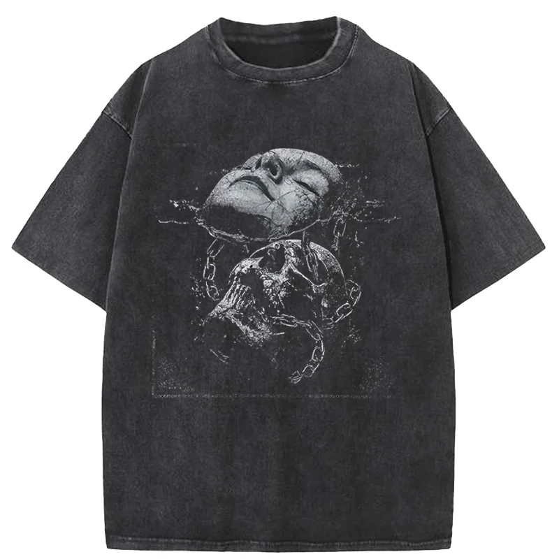 T-shirt noir pour homme, style hip-hop streetwear rétro, motif tête de mort craquelée, en coton, Harajuku, unisexe