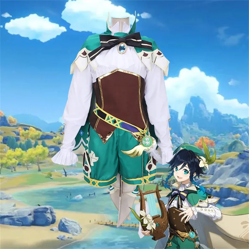 

Genshin Impact Cosplay Venti Halloween Anime Female Shota Loli Costume Green Cos Shorts Suit with Wig