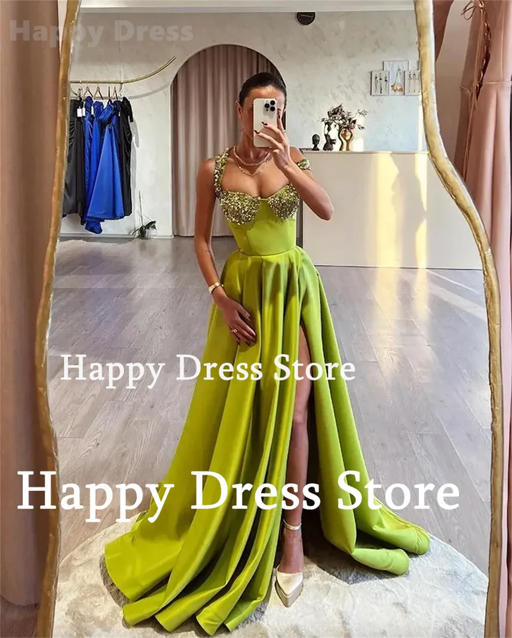 Women Green Prom Dress Sequin Sweethear Neck Formal Evening Dress A-Line Satin Floor-Length New Party Dress 2024 Long Dress