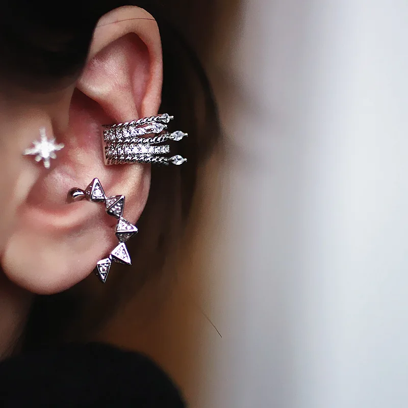 1PC Punk Personality Rivet Horse Eye Zircon Ear Clip Earrings For Women Girl Cartilage Ear Clips Fake Piercing Ear Cuff Jewelry