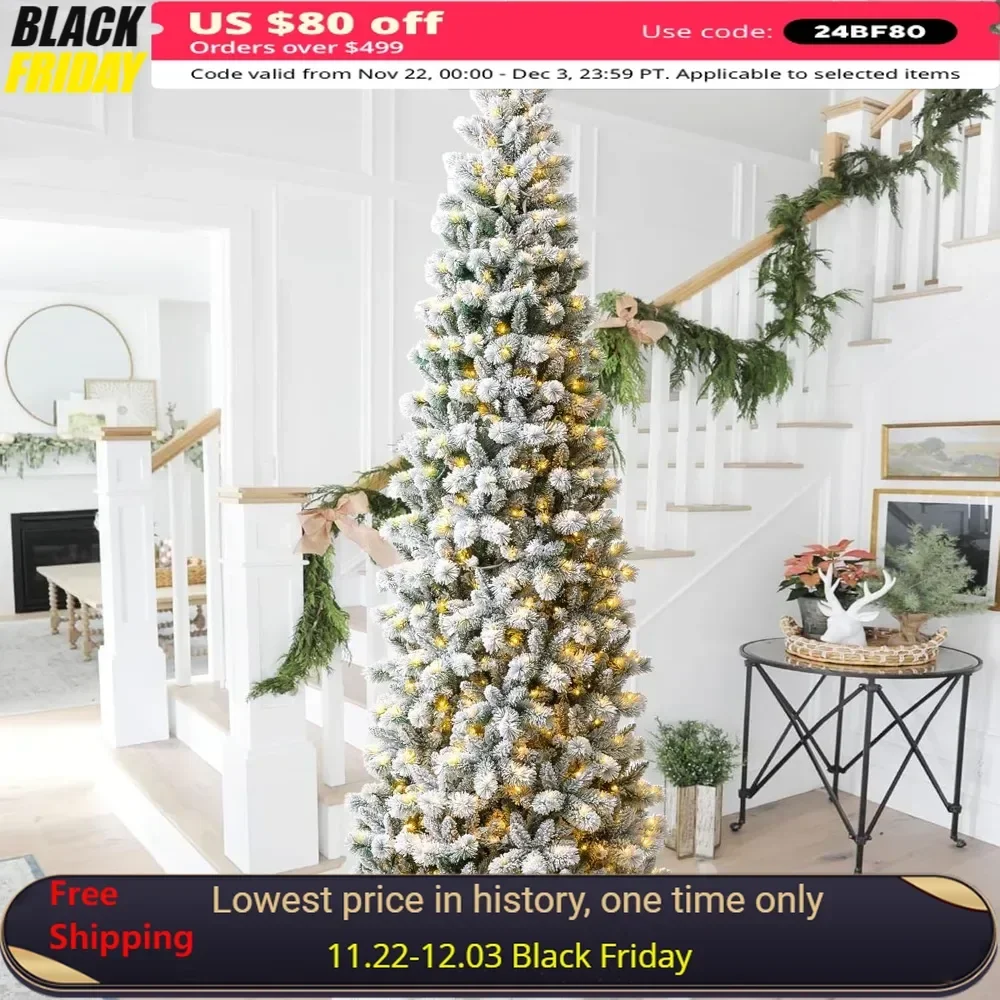 

11ft Pre-Lit Flocked Pencil Green Pine Artificial Christmas Pencil Tree with 700 LED Lights, 9 Functional Warm White/Multi-Color