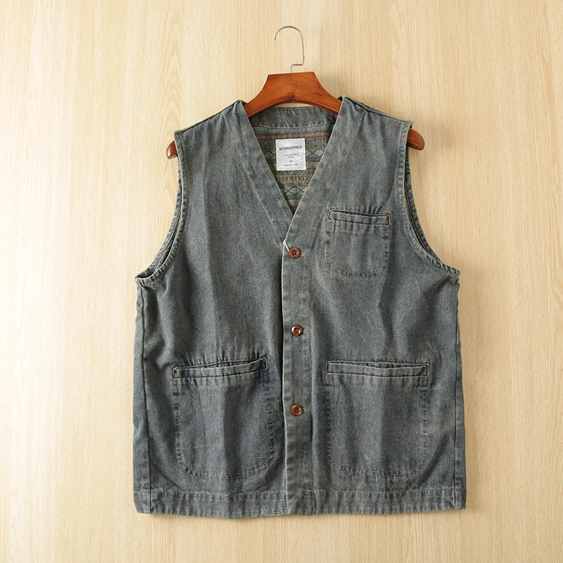 

Японский высококачественный винтажный джинсовый жилет в стиле кэжуал, ретро, американский стиль, модный городской, для путешествий, с V-образным вырезом, стандартный крой
