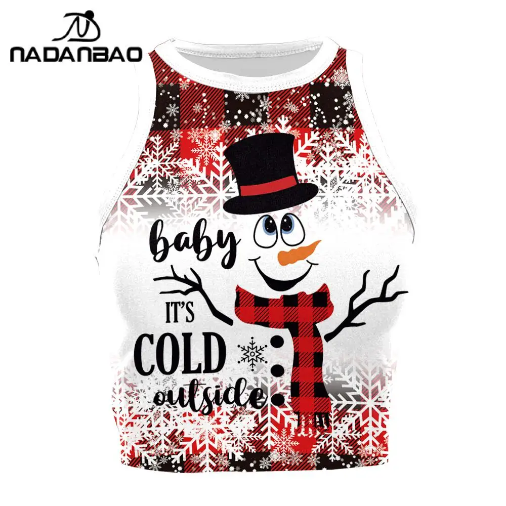 NADANBAO Christams Snowman Women Crop Top 3D Digital Printed Sleeveless Shirts Girls Sexy Tops Xmas Party Clothes Holiday Gifts