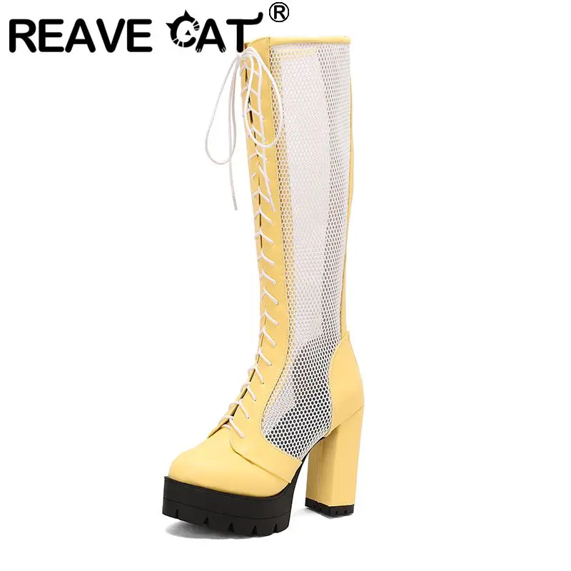 

REAVE CAT Сексуальные женские сапоги до колена с круглым носком на блочном каблуке 12 см на платформе 4 см на молнии со шнуровкой Смешанные цвета 47 48 49 50 Dating Bota