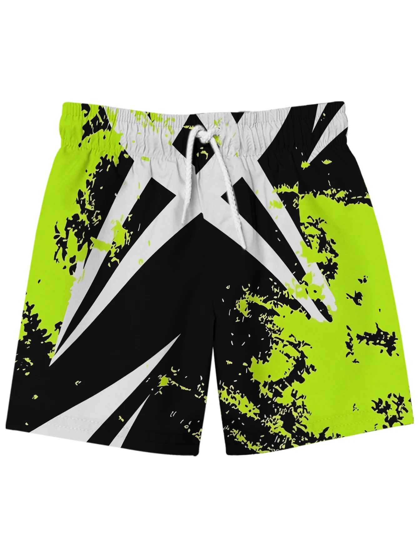 Men's Summer Quick Dry Swim Shorts, Black White Neon Green Abstract Geometric Print Drawstring Beach Board Shorts with Pockets