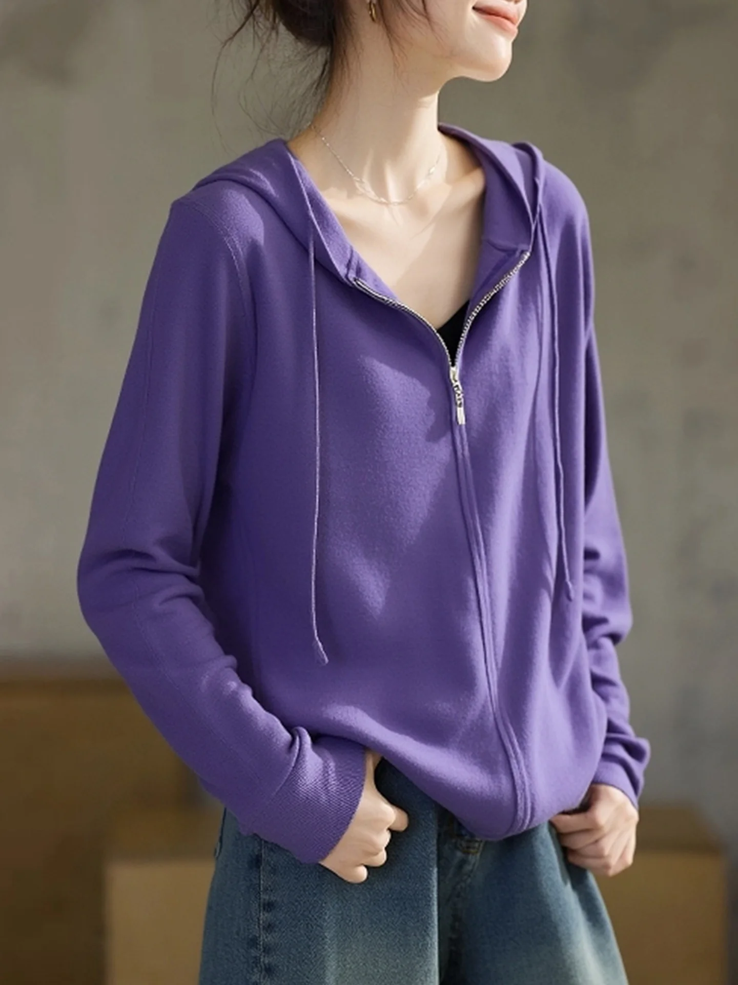 تخفيف متعدد الاستخدامات لون نقي طويل Sve Camere تريكو مقنعين سستة تصميم شتاء جديد Sle تصميم صغير كرو الشعور