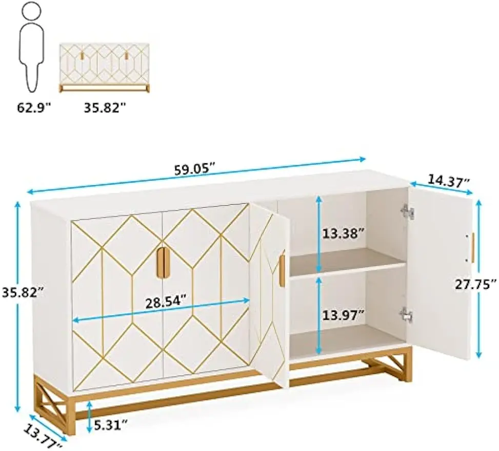 Storage Cabinet with Storage Shelves for Living Room, Modern Sideboard Buffets Cabinets Coffee Bar, White