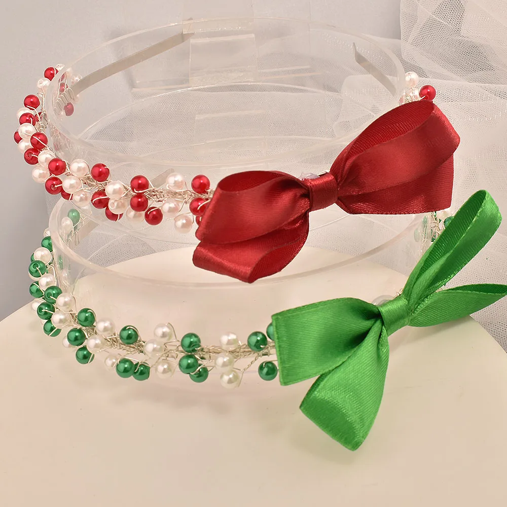 DZ258 New Christmas Hairband Hot Sale Wholesale Bow Girls Hair Hoop Party Elk bell Santa headband red and green bow headdress