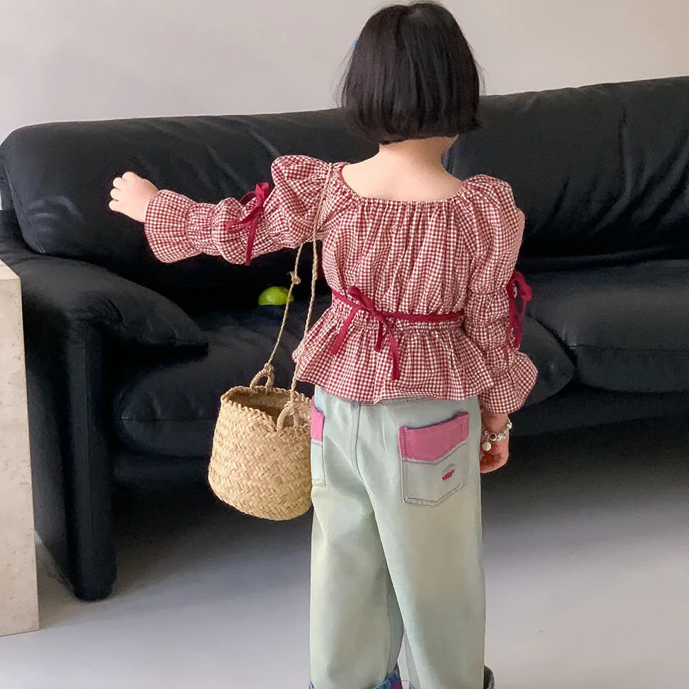 Girls Plaid Blouses Line Collar Top Shoulder Sleeve Doll Shirt 2024 Baby Shirt Simple Casual Style Korean Simple Style