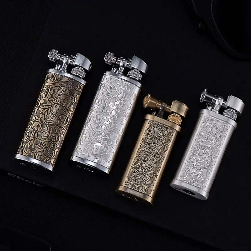 Retro carved flint kerosene lighter flame retro metal grinding wheel gasoline cigarette cool lighter creative men's gadget