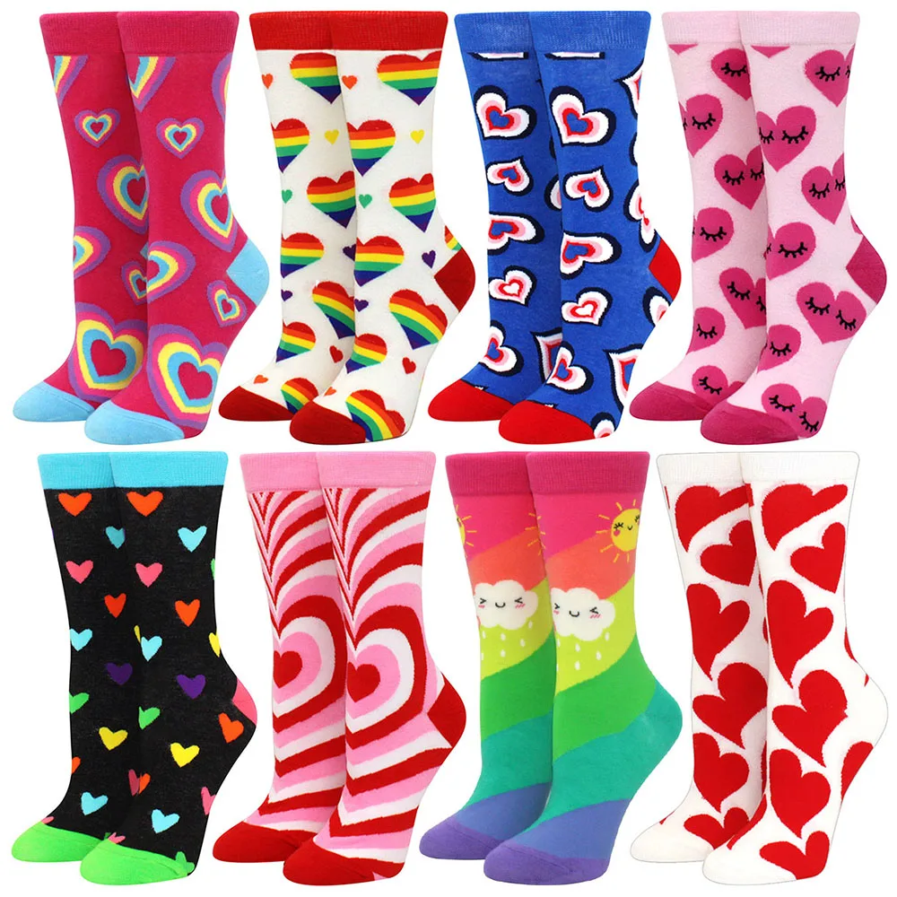 Nuevos calcetines de mujer 1 par de algodón amor color arcoíris estampado a rayas novedad moda señora primavera calcetines de tubo medio