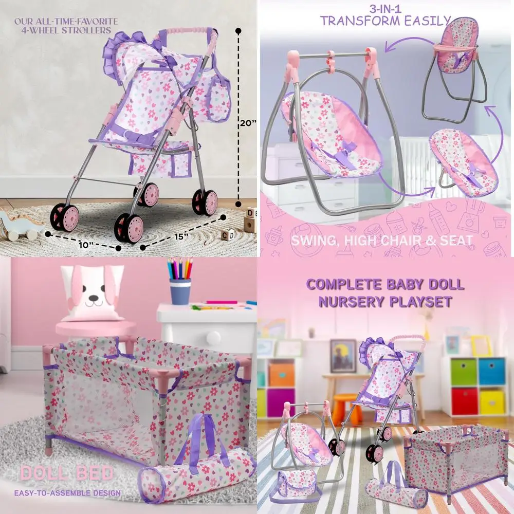 

Комплект для новорожденных Purple Deluxe: коляска, кроватка, качели и игровой набор с трансформируемым стульчиком для кормления и аксессуарами для сумки для подгузников