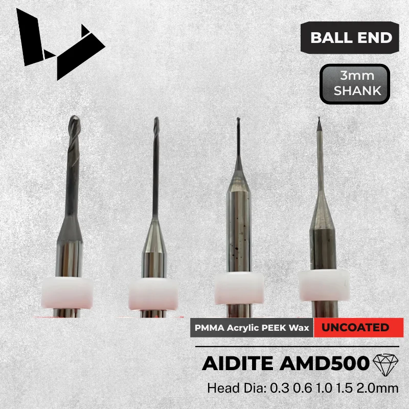 AMD500 Tungsten Carbide Dental Lab Burs 0.3 0.6 1.0 2.0mm Uncoated Milling Tools for PMMA Wax