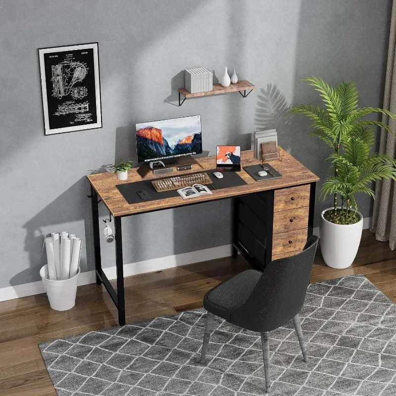 47 inch Computer Desk with 4 Fabric Drawers, Reversible Writing Work Study Desk for Home Office Bedroom , Rustic Brown