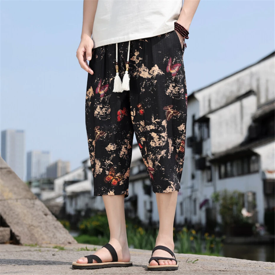 Large Size Pencil Pant Mens Summer Thin Cotton Linen Casual Trousers Men Harajuku Chinese Style Baggy Calf Length Pants Male