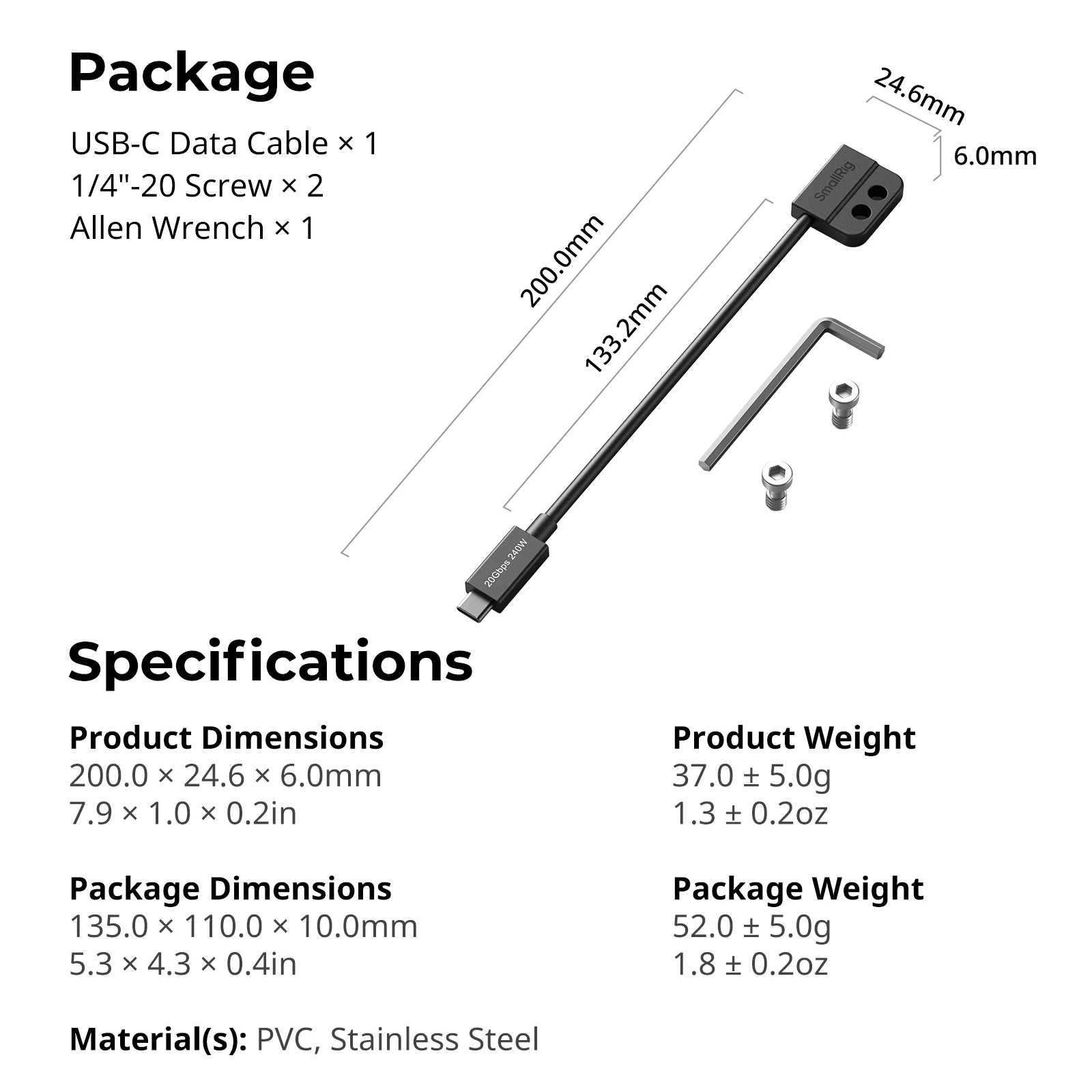 Kabel USB-C SmallRig, męski na żeński, obsługuje transfer danych 20 Gb/s, szybkie ładowanie 240 W, do klatek/płyt montażowych w kształcie litery L — zdjęcie produktu 6