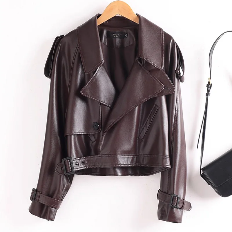 New Women Split Leather Moto Biker Jacket Spring Autumn Fashion Vintage Design Loose Short Coat Casual Leather Outerwear Female