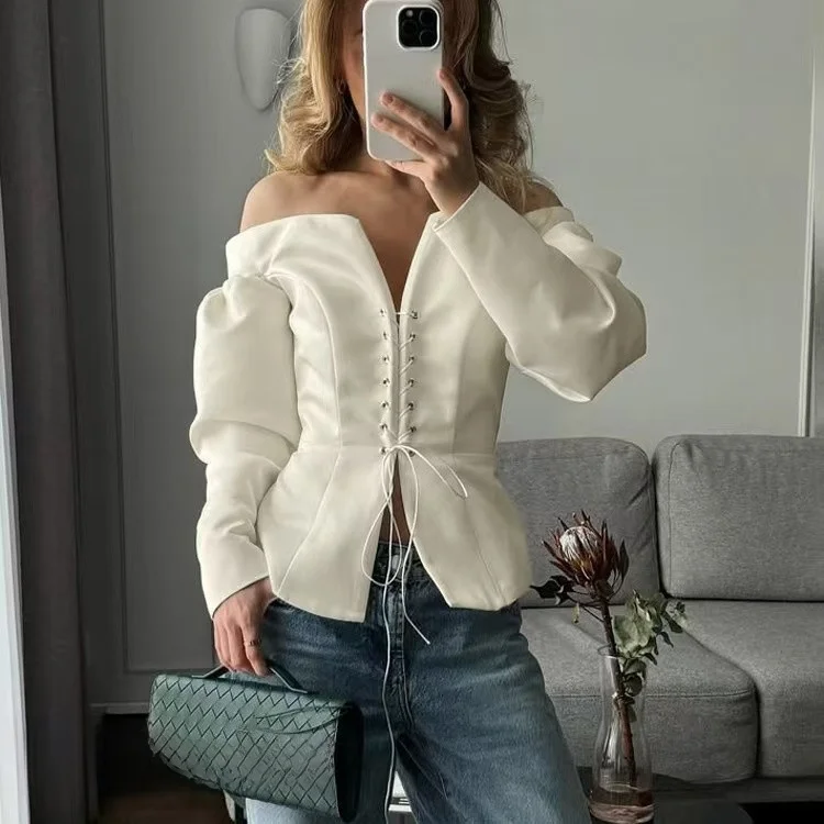 

Trendy Sexy oulder Bared Long Sve Top with Tie Faionable Women's Slim Fit Polyester ort Outerwear for Ladies