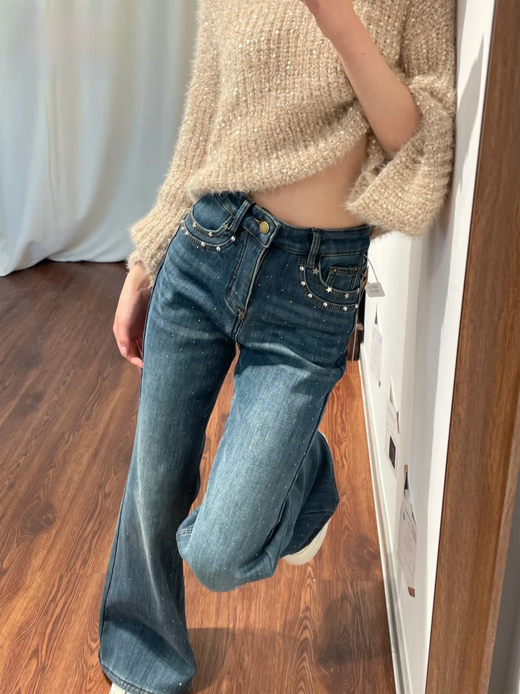 

Ретро-джинсы-клеш синего цвета в американском стиле, облегающие, женские, новинка 2026 года, с высокой талией, летние, утягивающие, длинные брюки