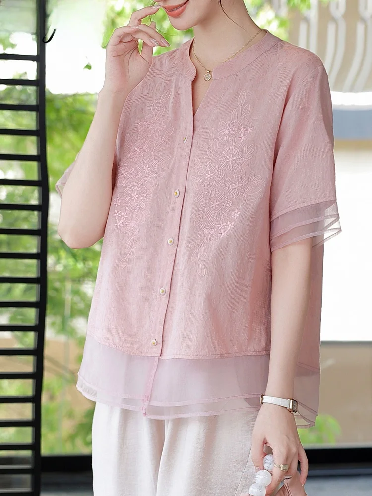 

Ele Cotton Linen Embroidered Top Bot Set for Mom Summer Faion Middle Age Women ort Sve Two Piece Outfit