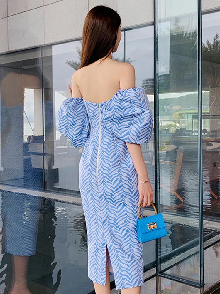 Bohe elegante vestido de noche para mujer francés Vintage azul Jacquard sin tirantes fuera del hombro bata de manga de burbuja Vestidos de fiesta para mujer