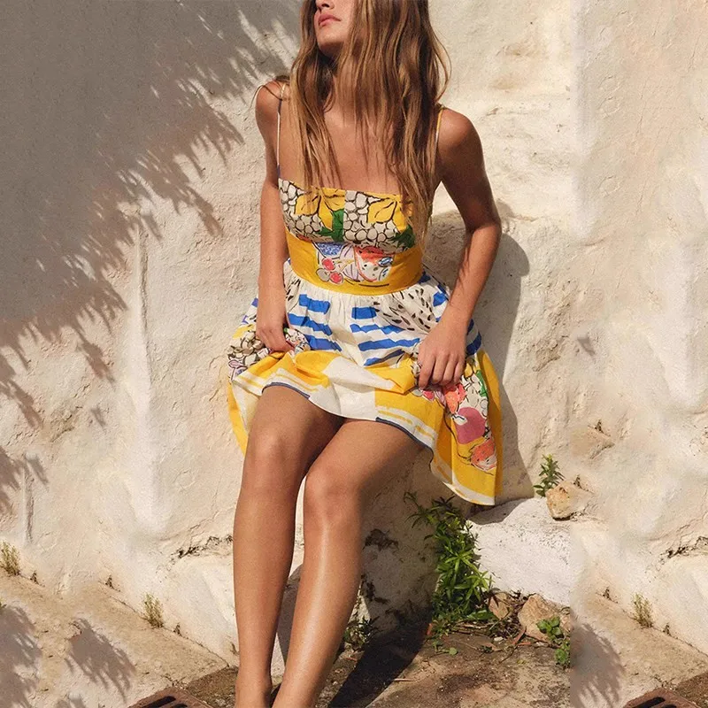 Women's Short Printed Sleeveless Dress High Waist Fruits Patterned Inner Wear Casual Style 2026 New Autumn Fashion