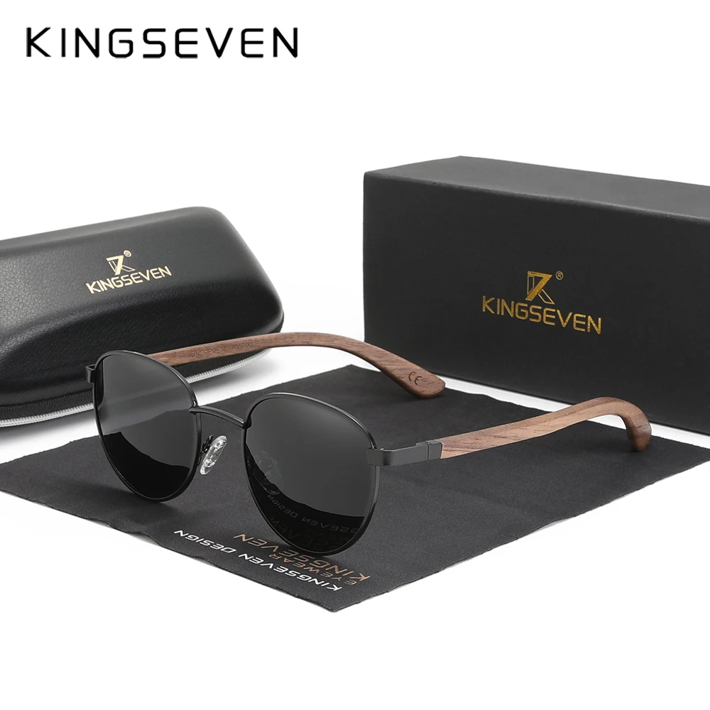 Kingeven 2024ใหม่แว่นกันแดดทรงกลมทำจากไม้วอลนัททำด้วยมือแว่นตาโพลาไรซ์สำหรับผู้ชายและผู้หญิงแว่นกันแดดสไตล์สตรีมพังค์สำหรับผู้ชาย