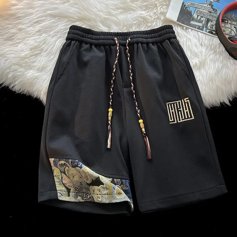 Summer Men\'s Clothing Patchwork Elastic High Waisted Flower Cartoon Printing Casual Sweatpants Preppy Style Knee Pants Shorts