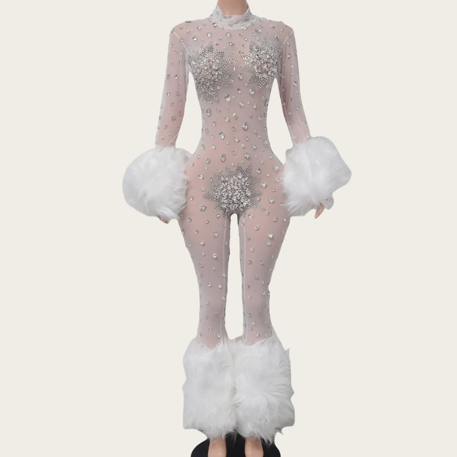 Guibin Sparkly Rhinestone Sheer Mesh Jumpsuit Hot Girl Dance Celebrate Party Photo Shoot Wear Gauze Drag Queen Performer Wear
