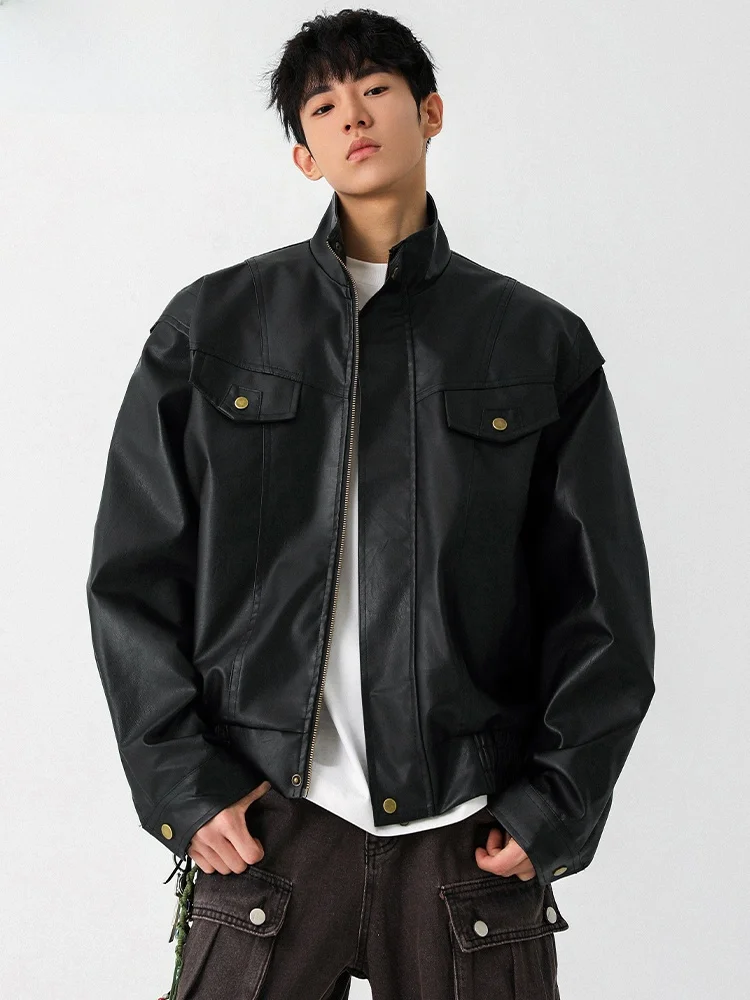 

Casual Men's Biker Sle PU Leather Jaet Loose Fit Autumn Winter Trendy Brand Stand Collar Zipper Closure Long Sve Coat