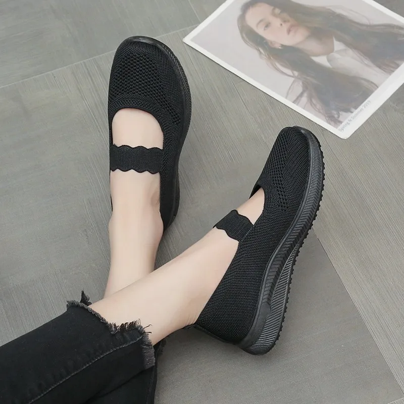 2024 new women Sneaker flat Mesh Knitted slip on mary janes breathable comfort casual design walking black Foam casual shoes