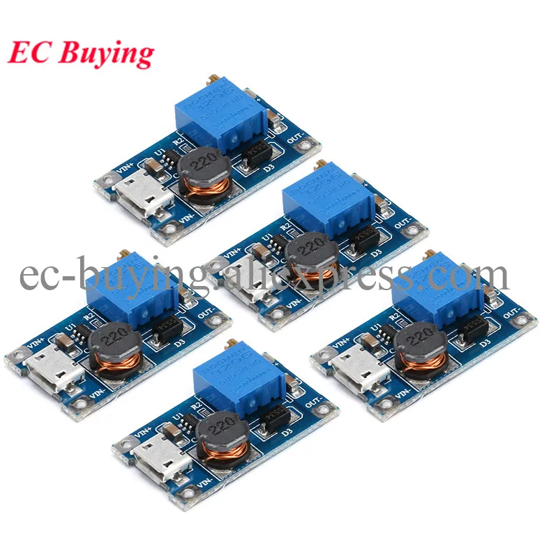 5/1pcs DC-DC Adjustable Boost Module 2A Boost Plate Step Up Power Module with MICRO USB 2V-24V to 5V 9V 12V 28V MT3608 Converter