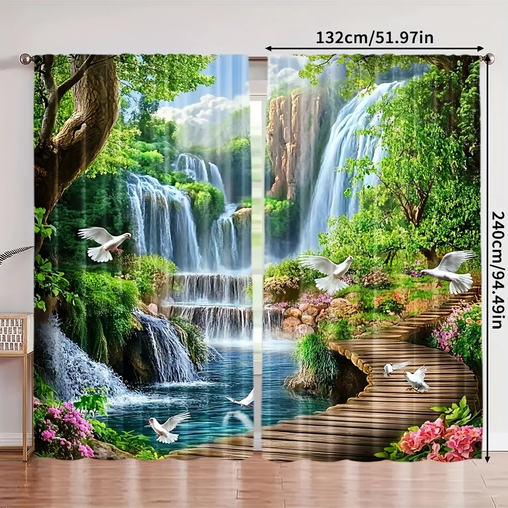 Waterfall Garden Curtains with White Doves and Lush Greenery Nature Scene Window Drapes for Living Room Bedroom Decor