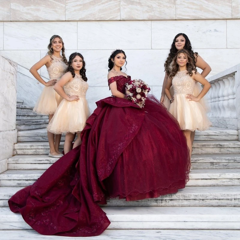 Vestidos De Quinceañera De princesa burdeos, hechos a medida, 2023 fuera del hombro, apliques De cuentas De cristal, corsé De 15 años