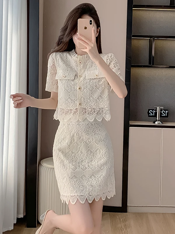 

Stunning Lace Top And Skirt Set Women's Faionable Summer Outfit Anti-Aging Two-Piece Polyester round Ne ort Sve Set