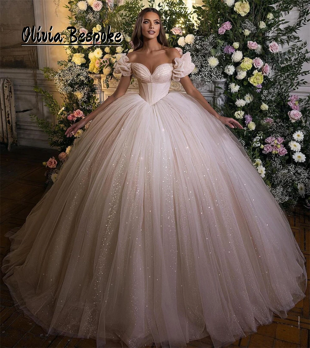 

Glistening Dubai Brides Wedding Dresses Off The Shoulder Ball Gown Pleat Ruched Engagement Gowns vestido de novia Customized