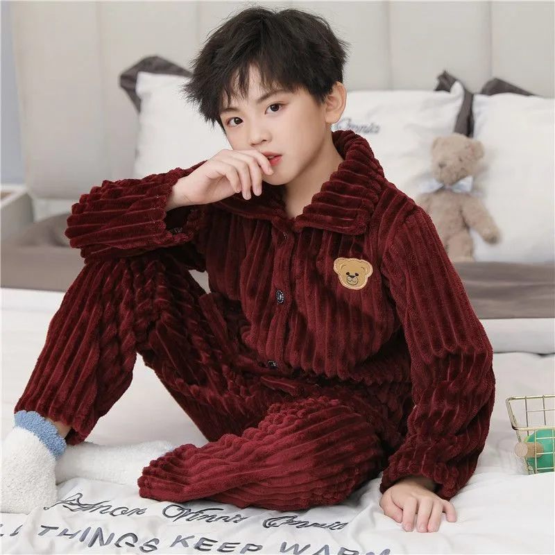 Kids Autumn Winter Flannel Pajama Set Plus Size Thickened Coral Fleece Toddler To Big Kids Cozy Sleepwear Homewear