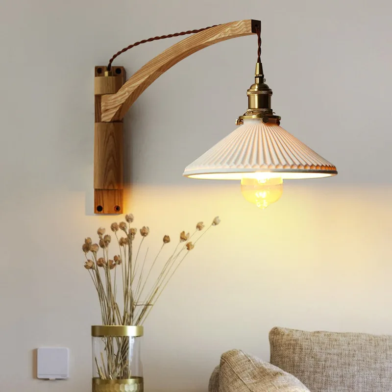 Modern Japanese Wooden Wall Light Mid Century Swing Folding Lamps Ceramics Lampshade Bedroom Bedside Vintage Retro Study Sconces