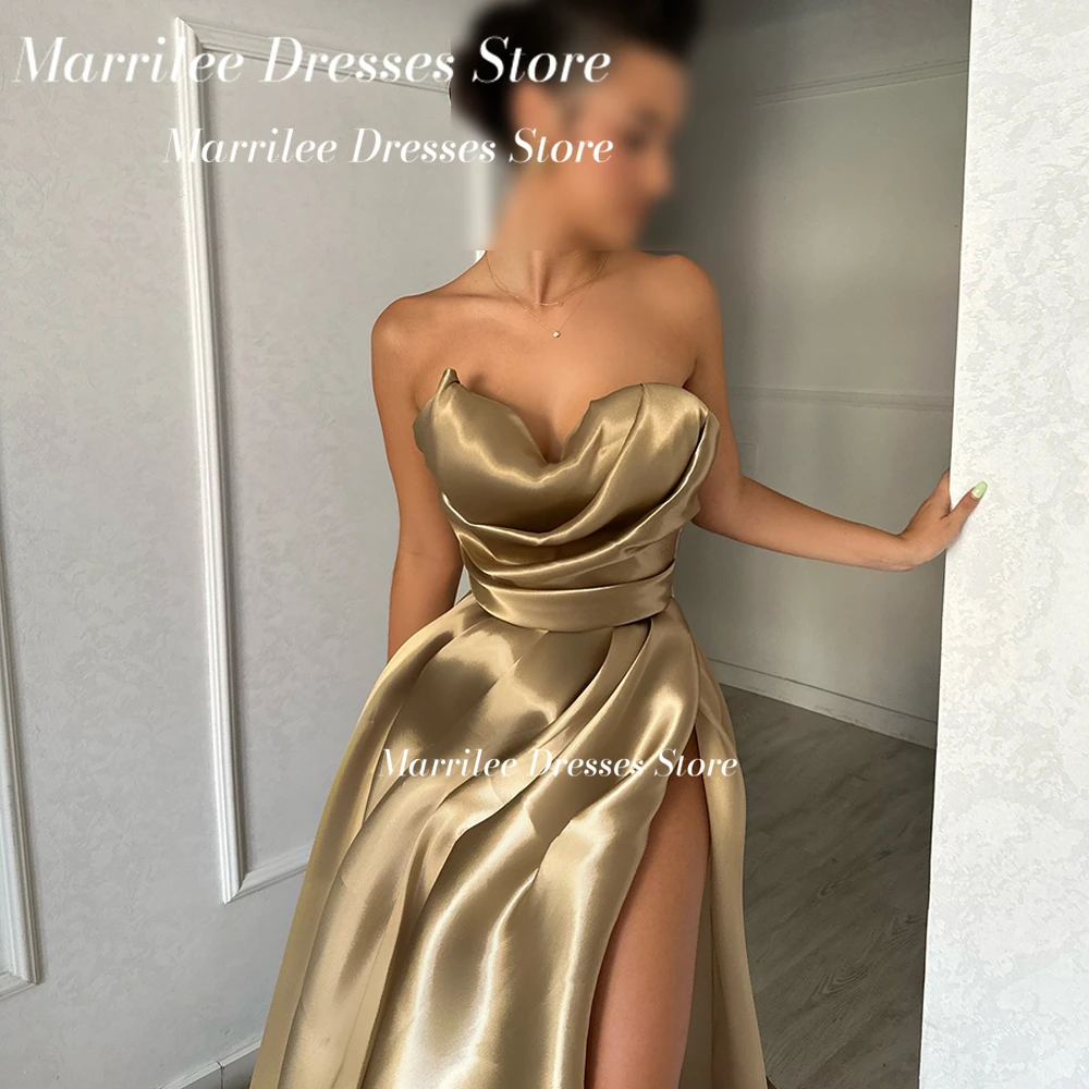 Marrilee Customized Strapless Solid Color Satin Side Silt Sleeveless A-Line Sweep Train Pleats Backless Empire Luxury Dresses