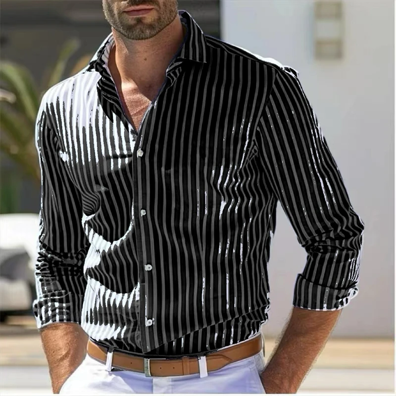 Camisa de manga comprida masculina, Strip, single-breasted, estilo solto, negócio, escritório, primavera, moda, casual, XL-6XL, novo