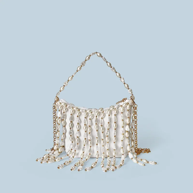 

Retro Handmade Woven Bag, Irregular Bead Water Bucket Bag, Silk Satin Bread, Banquet Handbag, Crossbody Bag حقيبة يد
