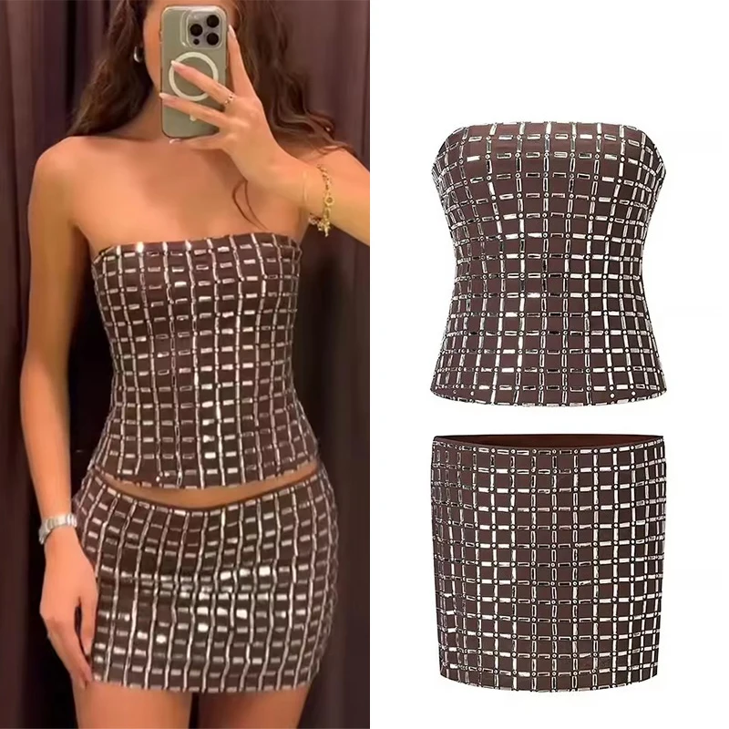 

Women Rhinestone Mini Skirts Two Piece Sets 2025 New Fashion Corset Top Women's Suits Chic Elegant Party Set Woman Outfits