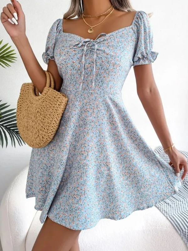 Casual floral impressão dr feminino ort sve dstring cintura a linha saia verão rua sle regular fino peça única