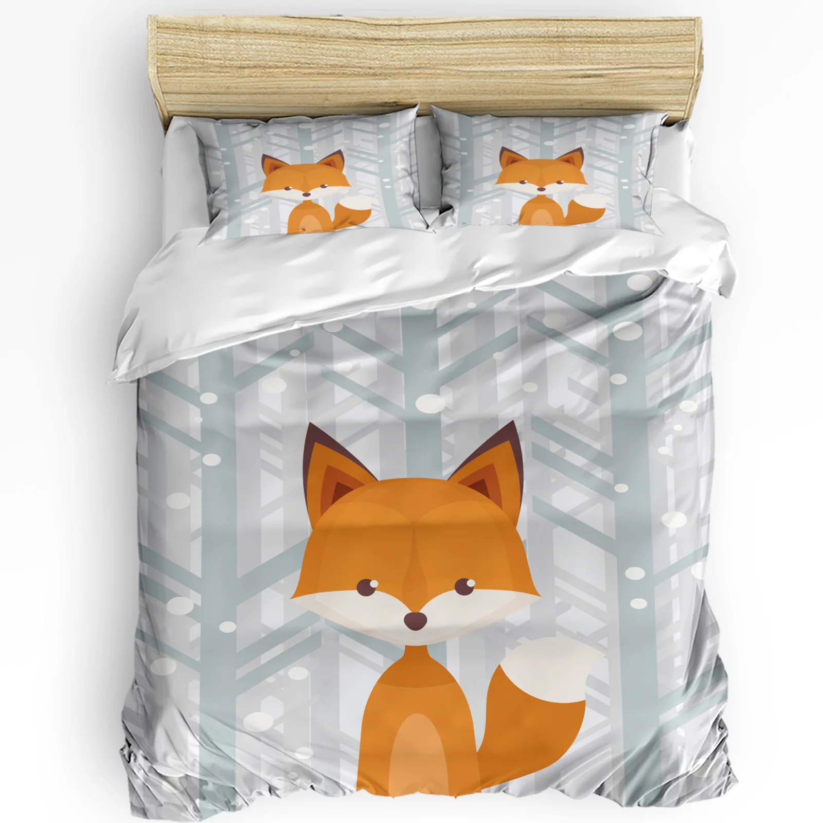 Winter Snowing Forest Cartoon Fox 3pcs Duvet Cover Set Pillow Case Bedroom Single Double Bed Comforter Bedding Set Quilt Cover